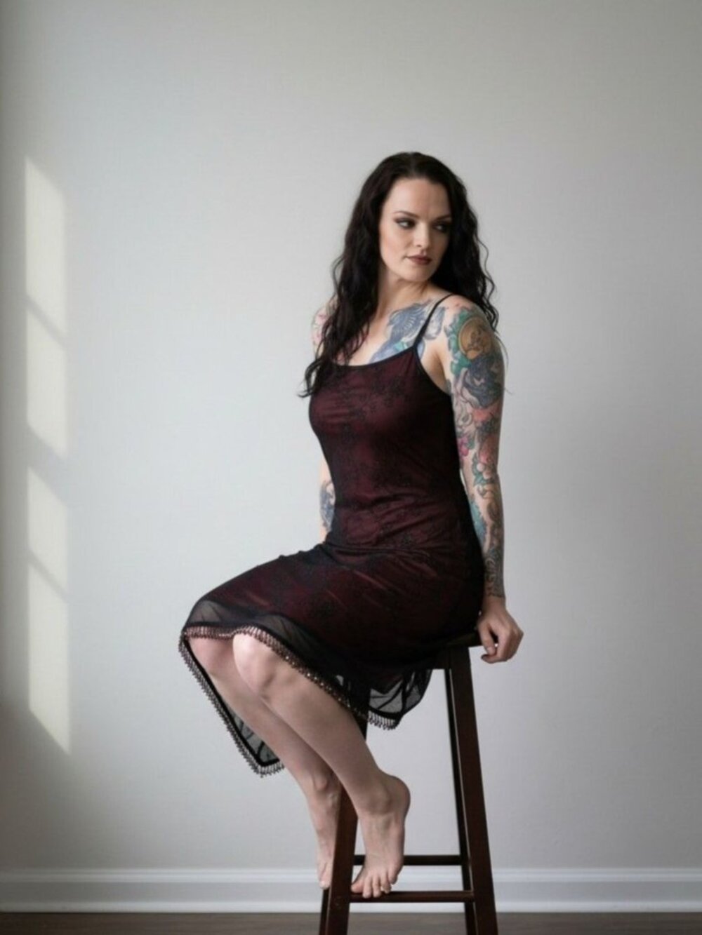 Candy Rocket ✦ Black Mesh Embroidered Overlay Dress ✦ Burgundy Slip & Beaded Hem